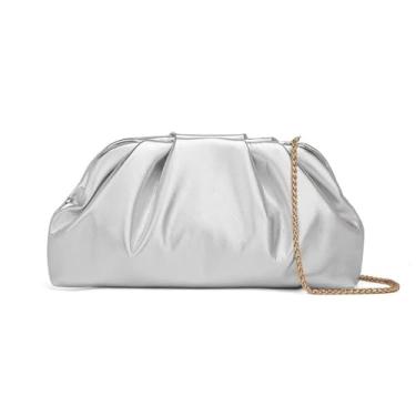 Imagem de Zeflows Bolsa clutch feminina de couro sintético macio design franzido elegante com corrente dourada para festa de casamento, bolsa de presente à noite, Prata