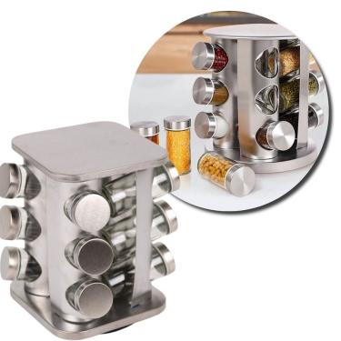 Imagem de Porta Condimentos E Temperos Giratório Com 12 Potes Em Aço Inox E Vidro