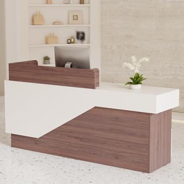 Imagem de Mesa de recepção pequena com bandeja de teclado para loja, salões de beleza, varejo - marrom (120,7 cm) - Balcão de caixa com economia de espaço para máxima eficiência