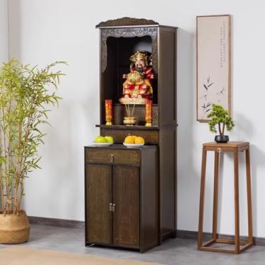 Imagem de Mesa de altar de bambu com armazenamento, armário de nicho de buda sobre rodas, mesa de oferta de meditação chinesa para casa, 70 x 72 x 186 cm (27,5" x 28,3" x 73,2")