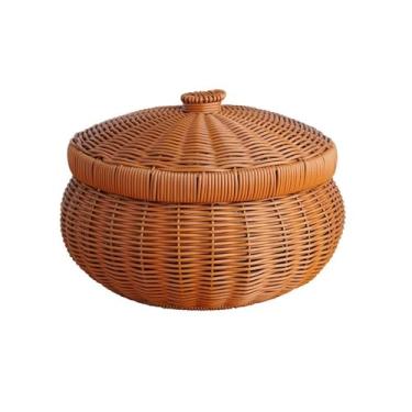 Imagem de CFGH6FDF Suporte de frutas cesta de frutas de vime com tampa cestas decorativas de armazenamento de cozinha cesta de pão de frutas suporte de tigela de frutas (pequeno)