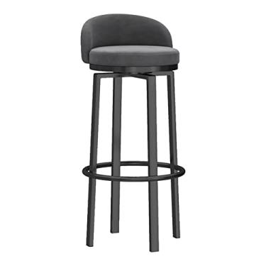 Imagem de Banco de barra giratório de veludo com altura de balcão 1 peça, bancos estofados com encosto cadeiras de ilha de cozinha com pernas de metal e apoio para os pés para pub casa bar sala de jantar, cinza