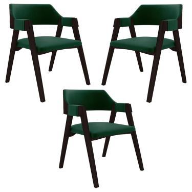 Imagem de Kit 3 Cadeiras Sala de Jantar e Jogos Carteados Madeira Maciça Poker Veludo Verde/Tabaco G42 - Gran Belo
