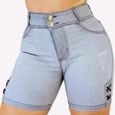 Imagem de Short Jeans Feminino Cintura Alta Lycra Empina Bumbum Com Ilhós Premiu