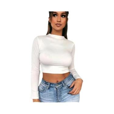 Imagem de Camiseta Feminina De Manga Longa Preta E Branca, Top Cropped Casual Bá