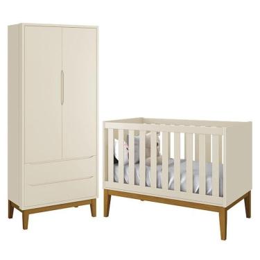 Imagem de Jogo De Quarto Infantil Guarda Roupa 2 Portas E Berço Classic Areia Fosco Com Pés Amadeirado - Reller Móveis Areia Fosco