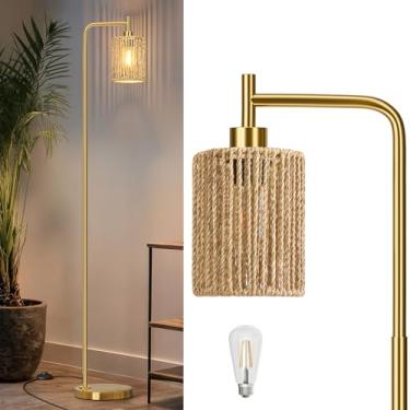 Imagem de Oneach Luminária De Chão Dourada De 66" Para Sala De Estar, Luminária De Chão Boho Com Lâmpada Led, Pedal, Abajur De Vime, Luminária De Pé Alta Industrial Estilo Fazenda Para Quarto, Sala De Jantar,