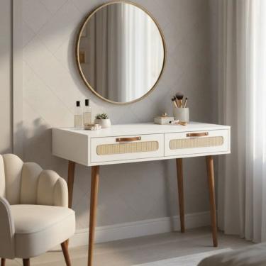 Imagem de Penteadeira Retrô 100cm C/ Tela Sustentável Couro Pé Madeira