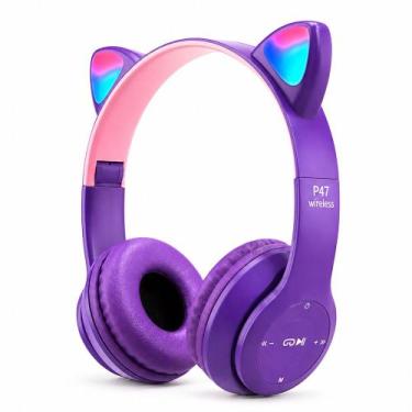 Imagem de Headset Gato Orelha Luz Fone Infantil com fio e Bluetooth Roxo - KAPBO