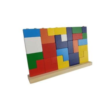 Imagem de Brinquedo Educativo Bloco Encaixe Madeira Tetris Autista - Brinqmutti 
