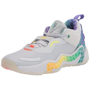 Imagem de adidas Tênis de basquete unissex adulto D.O.N. edição 3, Cinza claro/roxo corrente/verde emi gritando, 6 Women/4 Men