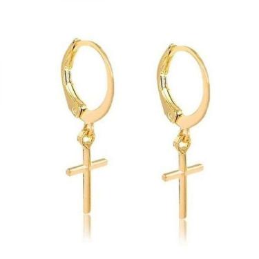 Imagem de Brinco Masculino Argola Cruz Banhado a Ouro