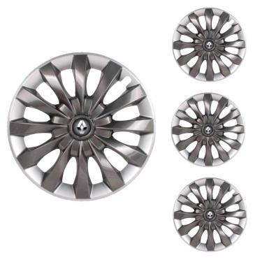Imagem de Jogo Calota Aro 13 Flap Graphite Silver Elitte Grafite Prata + Emblema Resinado Renault (Sandero Logan Clio Scenic Megane)