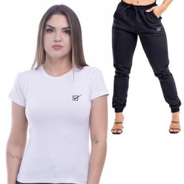 Imagem de Conjunto Feminino Camiseta E Calça De Moletom  (Branco  Preto) - Tike