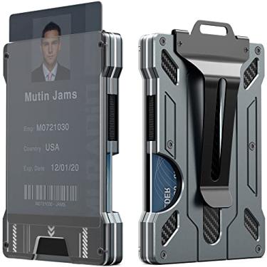 Imagem de Carteira masculina - Clipe de dinheiro de metal de alumínio fino com 1 suporte de crachá de identificação de janela transparente, bloqueio de RFID, comporta até 15 cartões com clipe