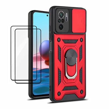 Imagem de Capa Xiaomi Redmi Note 10S Case (2 pedaços de filme temperado Protetora) de Câmera Proteção de Tela Metal KickStand (Vermelho)