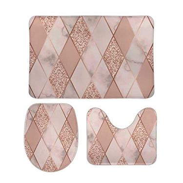 Imagem de Top Carpenter Conjunto de 3 peças antiderrapante de tapete de banheiro com design geométrico de mármore rosa + capa para tampa de vaso sanitário + tapete de banheiro para decoração de banheiro