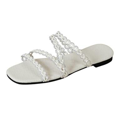 Imagem de Sandálias de dedo aberto respiráveis para mulheres moda verão tecido recorte de malha renda aberta dedo plano chinelos de praia (branco, 7)