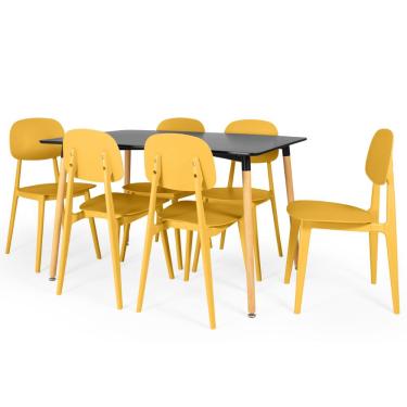 Imagem de Conjunto Mesa de Jantar Retangular Eiffel Preta 120x80cm com 6 Cadeiras Itália - Amarelo