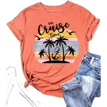 Imagem de Camisetas femininas On Cruise Time com estampa de palmeiras e praia, verão, festa na praia, férias, camiseta de manga curta, Laranja, GG