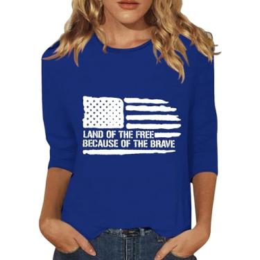 Imagem de Camisetas femininas com bandeira americana de verão 4 de julho camisetas de manga 3/4 Land of the Free Tops Patriotic Memorial Day, Azul-celeste, P