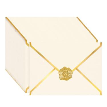 Imagem de AVERZELLA Pacote com 100 envelopes A7 5x7 para convites, cartolina brilhante de 250 g envelopes 4x6 com folha dourada V aba e selante, envelope A6 para vale-presente, casamento, chá de bebê (bege)