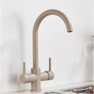 Imagem de Torneira de cozinha com filtro cromado para água potável pura, torneira de cozinha montada no deck, alças duplas, misturador de água quente e fria de 3 vias, bege com pontos B