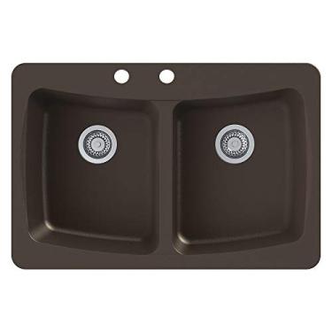 Imagem de Transolid Pia de cozinha dupla igual com 2 furos granito Genova SilQ GTDC3322-12-BC, 83,8 cm C x 55,8 cm L x 22,8 cm A, Espresso