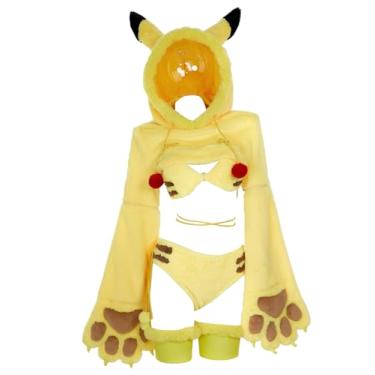 Imagem de Mobbunny Anime Cosplay Lingerie Set for Women Yellow Plush Pajamas Homewear Furry Paw Gloves Hoodie Top and Bra Panty