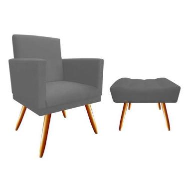Imagem de Kit Poltrona Decorativa Nina + Puff Retangular Suede Cinza Pés Madeira