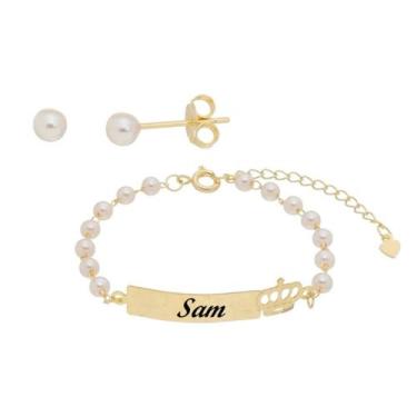 Imagem de Combo infantil brinco+pulseira coroa personalizada a laser - Joias Dan
