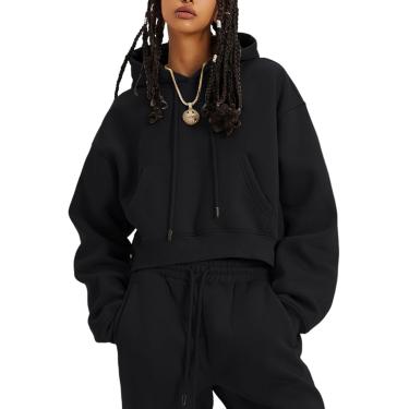 Imagem de Conjunto de moletom feminino com capuz cortado, 2 peças, conjunto de roupas de lã, conjunto de corrida, preto, XXL