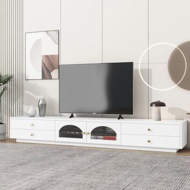 Imagem de Elefesign Suporte luxuoso com portas caneladas, console de mídia elegante e funcional, 224 cm, prateleira de vidro temperado, armário de TV com várias opções de armazenamento, branco