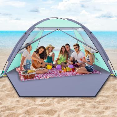 Imagem de HAPPY TRAVEL Tenda de Praia, Proteção Uv Upf 50+, Abrigo para 3/4/5/6/7/8 Pessoas, Toldo de Praia Portátil para Família E Bebê, Cabana de Praia Leve E Fácil de Montar com 3 Janelas de Malha de Ventila