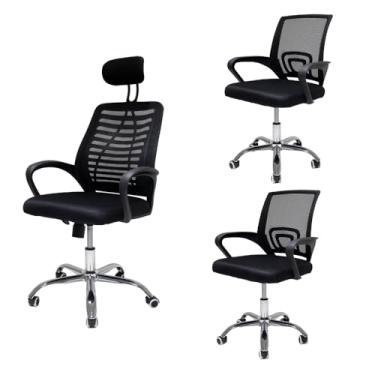 Imagem de Kit Cadeira de Escritório Presidente Com Relax Ribs + 02 Cadeira de Escritório Diretor Secretária Mesa Escrivaninha Office Pretas