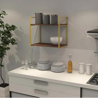 Imagem de Prateleira Industrial Parede ou Suspensa Dourada Aço e Madeira 50x40x60cm (Imbuia)