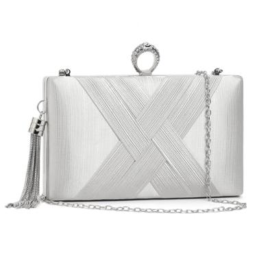 Imagem de RNIEGA Bolsas de noite bolsas clutch para mulheres bolsa de casamento feminina brilhante bolsa de mão bolsa de ombro transversal com borla, Prata