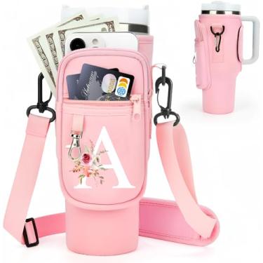 Imagem de Bolsa de transporte de garrafa de água inicial A-Z com alça para copo Stanley de 1,13 ml, suporte para garrafa de água com bolso para acessórios Stanley Cup personalizado presente de dia dos namorados
