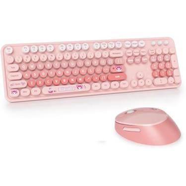 Imagem de Combo de teclado e mouse sem fio USB 2,4 G, capa redonda estilo máquina de escrever multicolorida, lindas cores doces, compatível com notebook, PC (rosa)