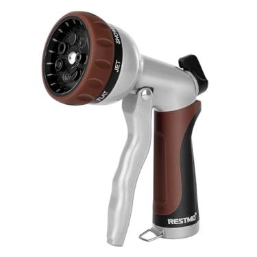 Imagem de RESTMO Bocal de mangueira de jardim, bocal de mangueira de água de metal resistente com 7 padrões de pulverização ajustáveis, pulverizador manual de alta pressão com controle de fluxo, melhor para