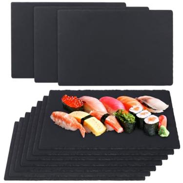 Imagem de IHDYPPEW Tábuas de queijo de ardósia, pacote com 10 pratos de ardósia de 30,5 x 20,3 cm, tábuas de charcutaria preta - Bandeja de servir de pedra natural com giz de pedra-sabão para festas, presentes