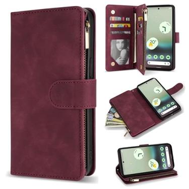 Imagem de ZZXX Capa carteira para Google Pixel 6A com compartimento para cartão com bloqueio de RFID, couro sintético macio, zíper e alça de pulso, capa protetora para Google Pixel 6A (15,5 cm vinho vermelho)