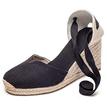 Imagem de U-lite Sandália feminina espadrille cunha, bico fechado, plataforma com cadarço e tira no tornozelo, slingback, Tela preta V - 7,6 cm, 35