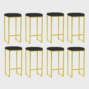 Imagem de Kit 08 Banqueta Alta Lara Para Cozinha Bar Balcão Bistrô Churrasqueira Ferro Dourado Suede Preto - Ahz Móveis