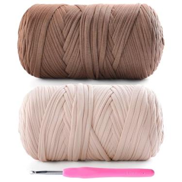 Imagem de Pacote com 2 fios de camiseta para crochê - 800 g/260 m camiseta de tecido elástico macio para sacos de crochê, cestos, decoração de casa com 1 agulha de crochê (2, bege + café)