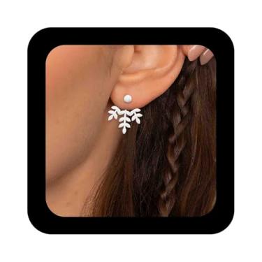 Imagem de Vacaonio Brincos de orelha de folha folheados a ouro boêmio, brincos de ramo de folha, brincos de folhas, ramo frontal, atrás, minimalista, joia de ouro para mulheres, Zinco, Sem pedra preciosa