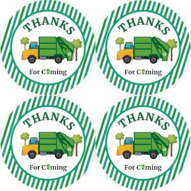 Imagem de 40 adesivos de agradecimento de caminhão de lixo, adesivos redondos de aniversário da lixeira, etiquetas verdes de agradecimento de caminhão de lixo para lembrancinhas de festa de aniversário de