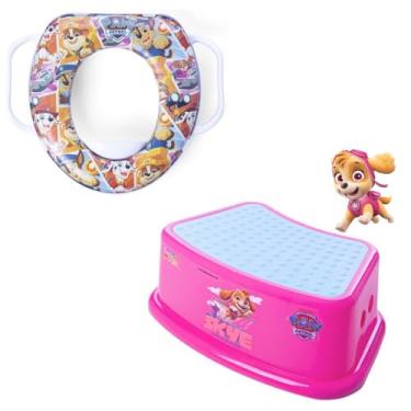 Imagem de Degrau Banquinho Infantil Vaso Sanitário Antiderrapante E Assento Redutor Troninho Suporte Desfralde Com Alça Patrulha Canina (Rosa)