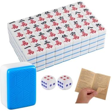 Imagem de EatingBiting Conjunto de Mahjong chinês de tamanho grande clássico de jogo de tabuleiro de 4 cm com mais de 146 azulejos coloridos azuis, indicador de vento e dados grandes + peças de Mahjong Melamina