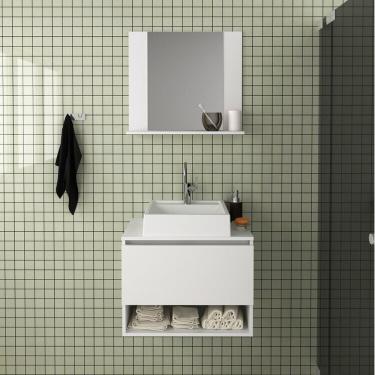 Imagem de Conjunto De Banheiro Com Gabinete Porta Basculante 60cm E Espelheira 1 Prateleira Branco